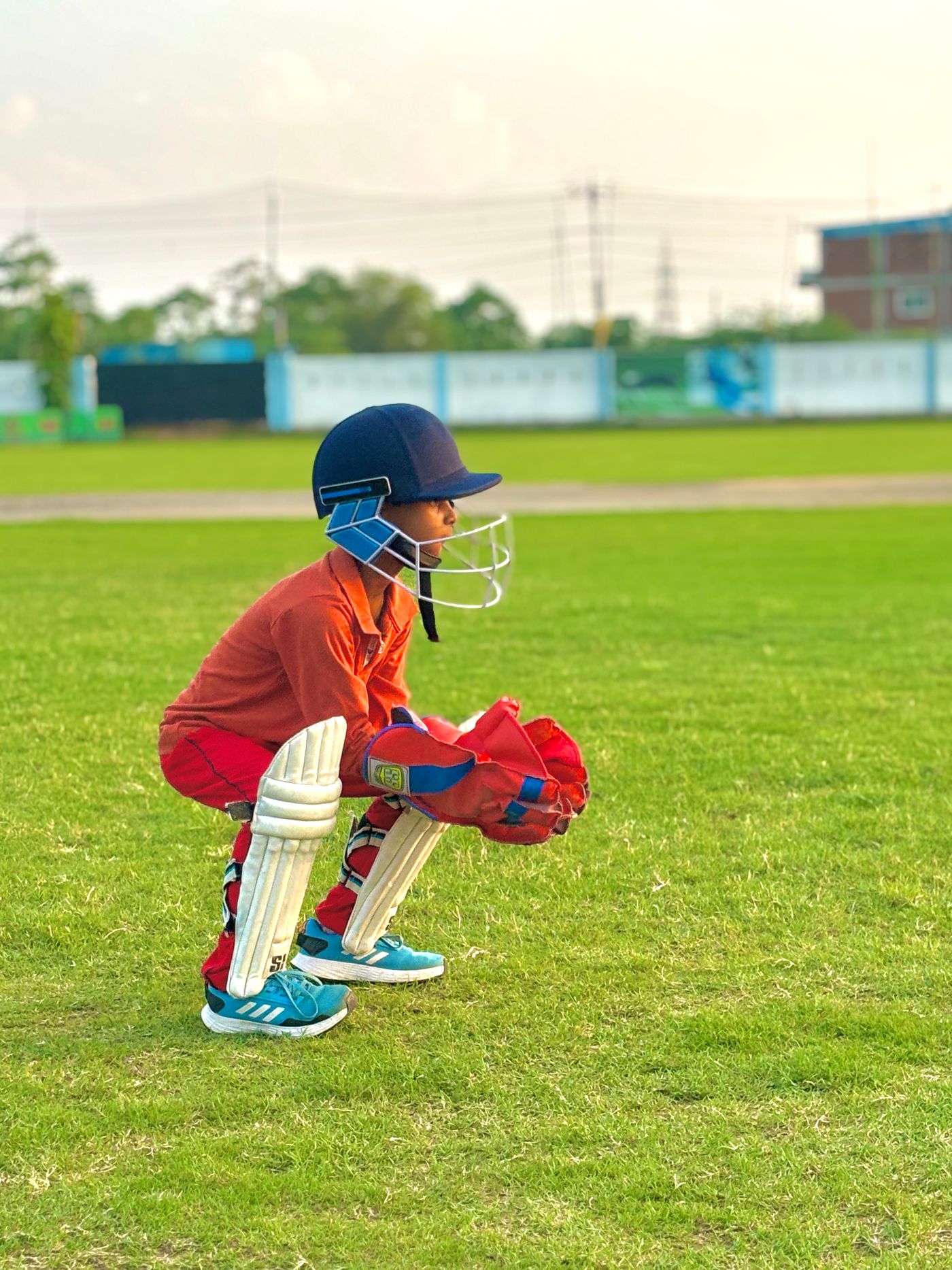 Young cricketer wearing a helmet